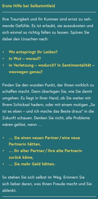 Textausschnitt einer Broschüre mit Tipps zum Umgang mit Selbstmitleid und negativen Gefühlen.