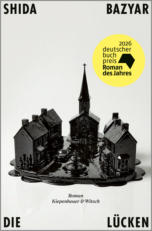 Schwarz-weiße Miniaturstadt mit Kirche, Häusern und Figuren, Buchcover von Shida Bazyar.