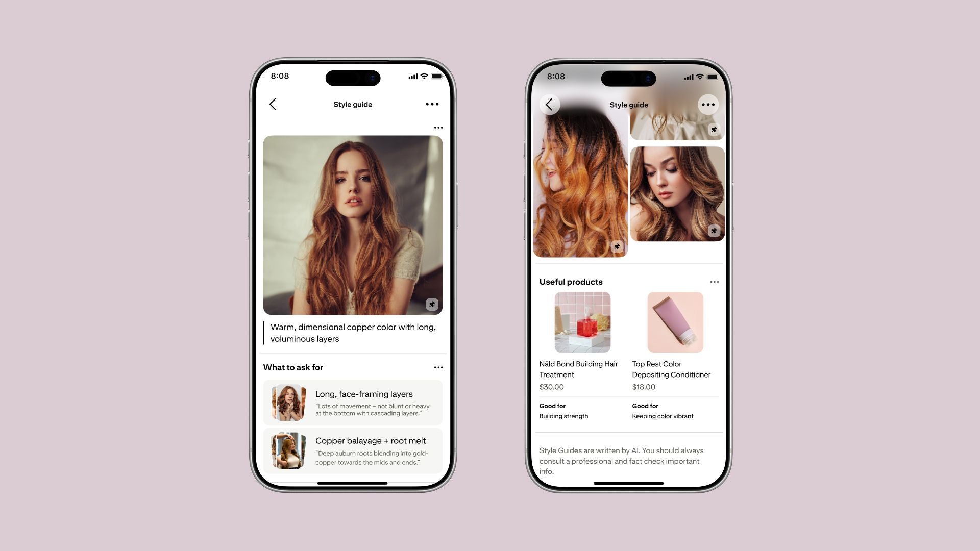 Zwei Smartphones zeigen Pinterest-Style-Guides für Haarfarben und empfohlene Haarprodukte.