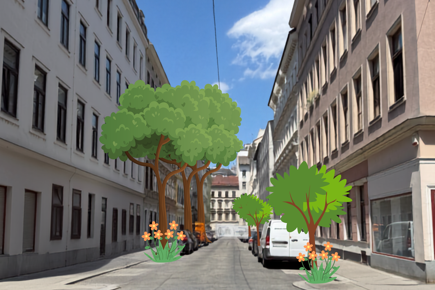 Straßenszene in der Rüdigergasse mit gezeichneten Bäumen und Blumen auf der Straße.