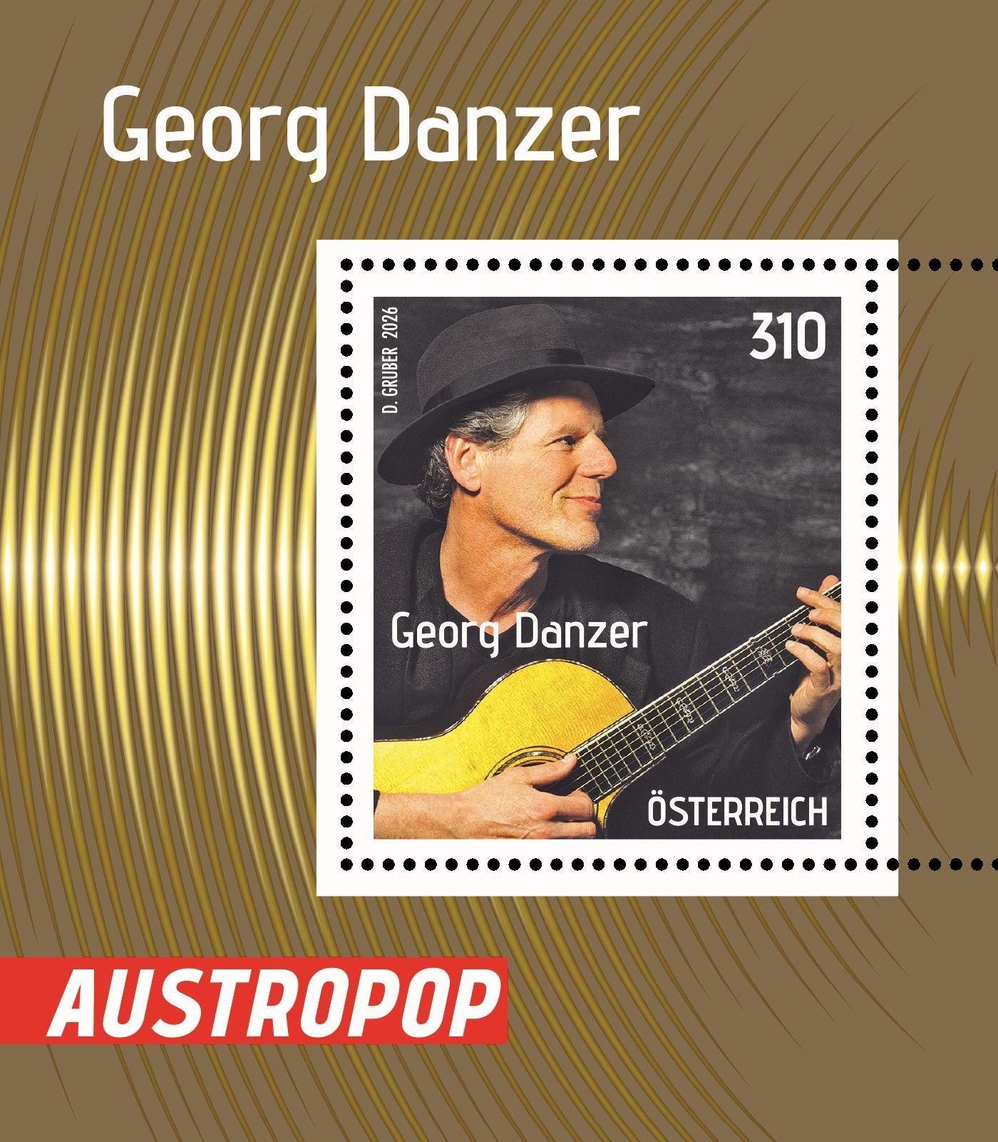 Briefmarke mit Georg Danzer, Gitarre haltend, Aufschrift "Austropop" und "Österreich".