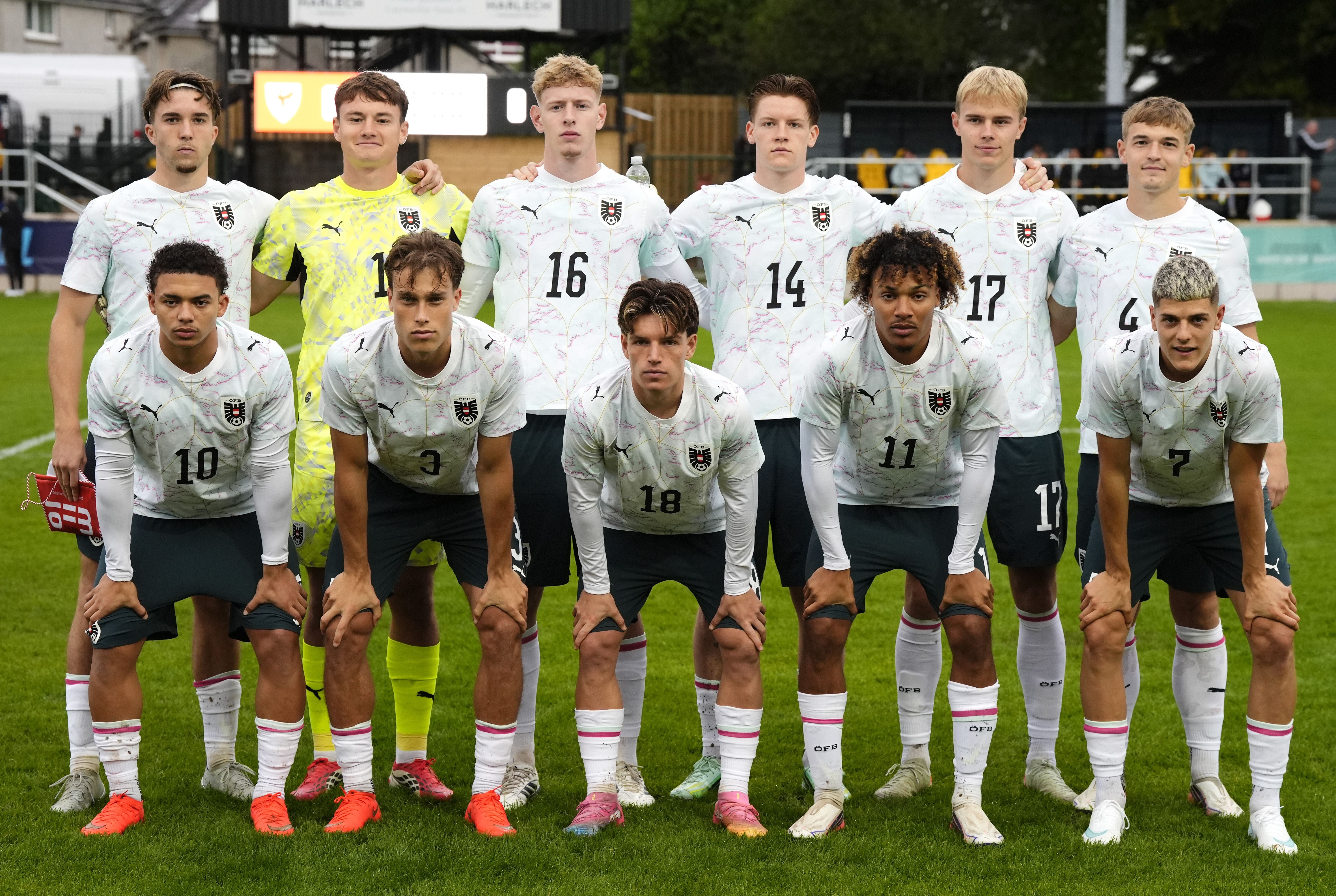 (left to right, back to front) Austria's Jannik Schuster, goalkeeper Lukas Jungwirth, Valentin Zabransky, Luca Weinhandl, Erik Kojzek, David Puczka, Jacob Hodl, Christopher Olivier, Nico Bajlicz, Oluwaseun Adewumi and Vasilije Markovic before the UEFA U21 Championship 2027 qualifying match at The Carling Oval, Caernarfon. Picture date: Tuesday October 6, 2026. (Photo by Nick Potts/PA Images via Getty Images)