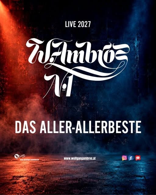 Konzertplakat von Wolfgang Ambros für „Live 2027: Das Aller-Allerbeste“ mit Licht- und Raucheffekten.