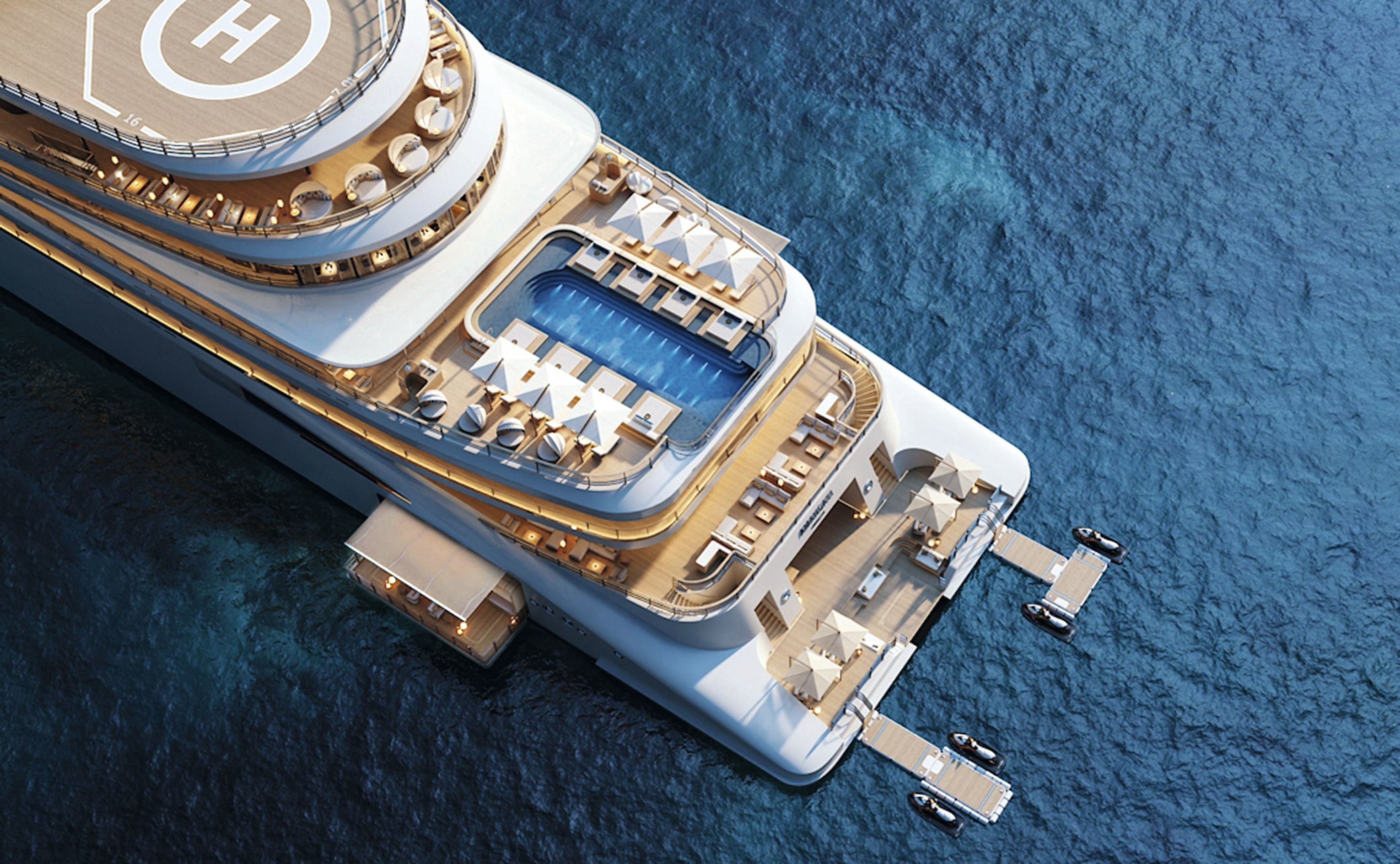Luxusyacht mit Hubschrauberlandeplatz, Pool und Sonnendeck auf dem Meer, von oben fotografiert.