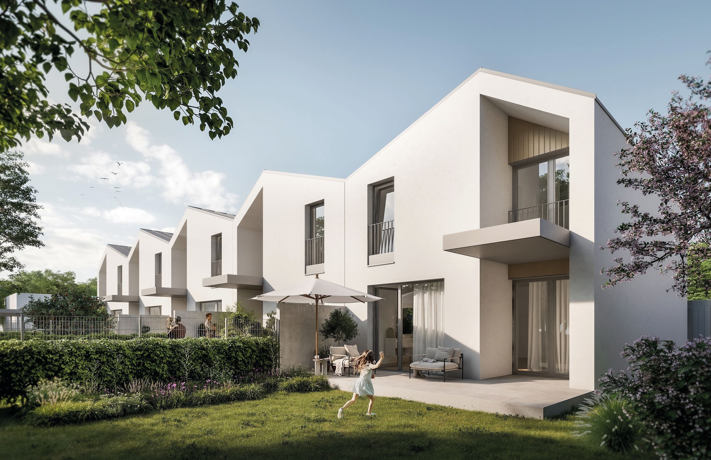 Moderne Reihenhäuser mit großen Fenstern, Garten und spielendem Kind im Vordergrund.