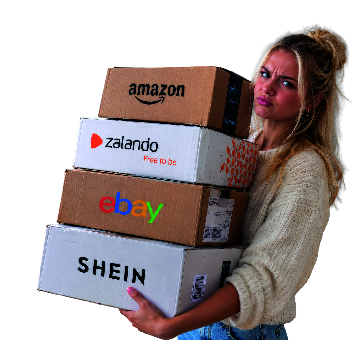 Frau trägt vier Pakete mit Logos von Amazon, Zalando, Ebay und Shein vor schwarzem Hintergrund.