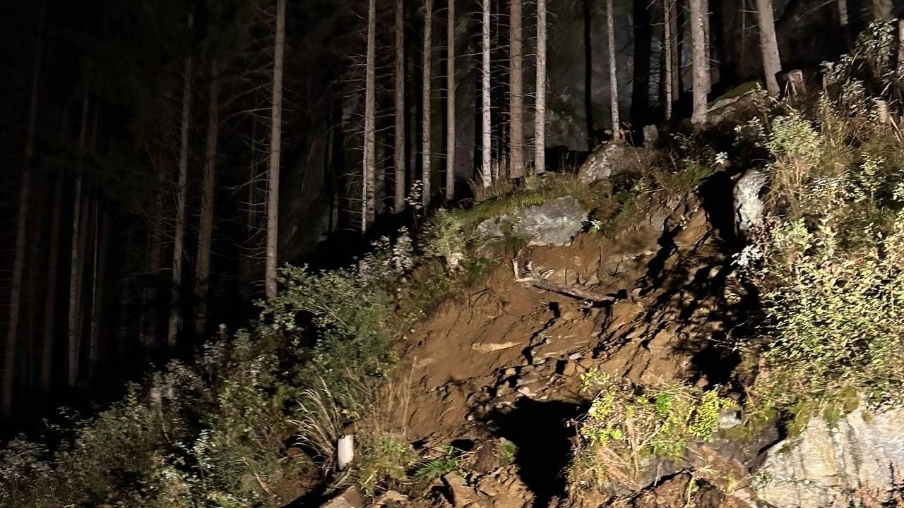 Hangrutschung im Wald bei Nacht, Erde und Steine, von Scheinwerfern beleuchtet.