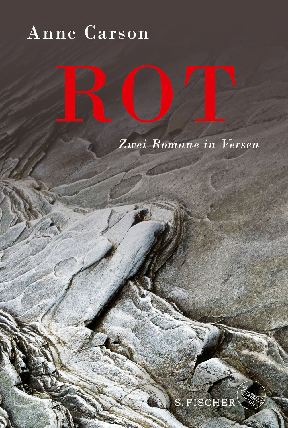 Buchcover von „ROT“ von Anne Carson mit grauer Felsstruktur und roter Schrift.