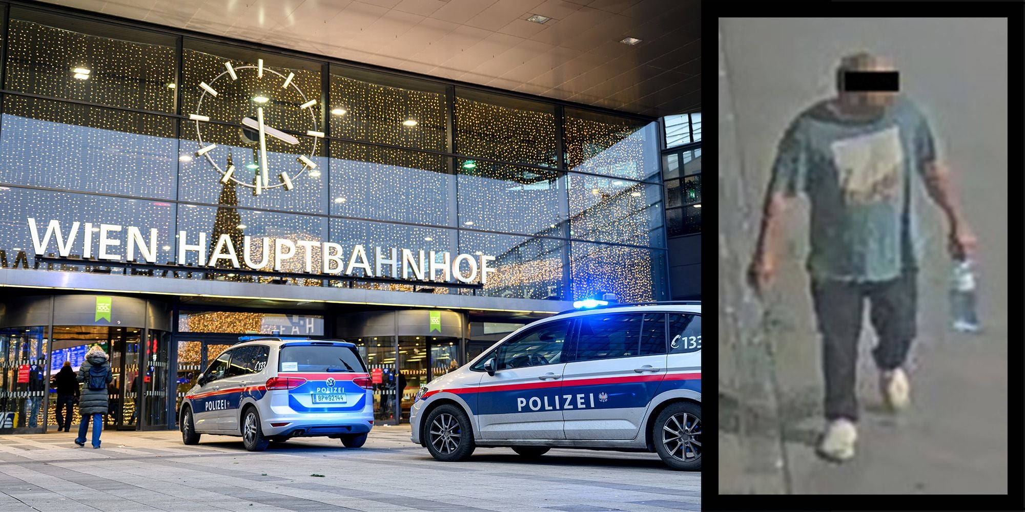 Vor dem Wiener Hauptbahnhof stehen zwei Polizeiautos, rechts ein unscharfes Foto eines Mannes.