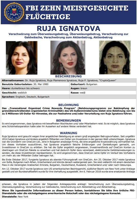 Fahndungsplakat des FBI mit Fotos und Daten von Ruja Ignatova, einer meistgesuchten Flüchtigen.