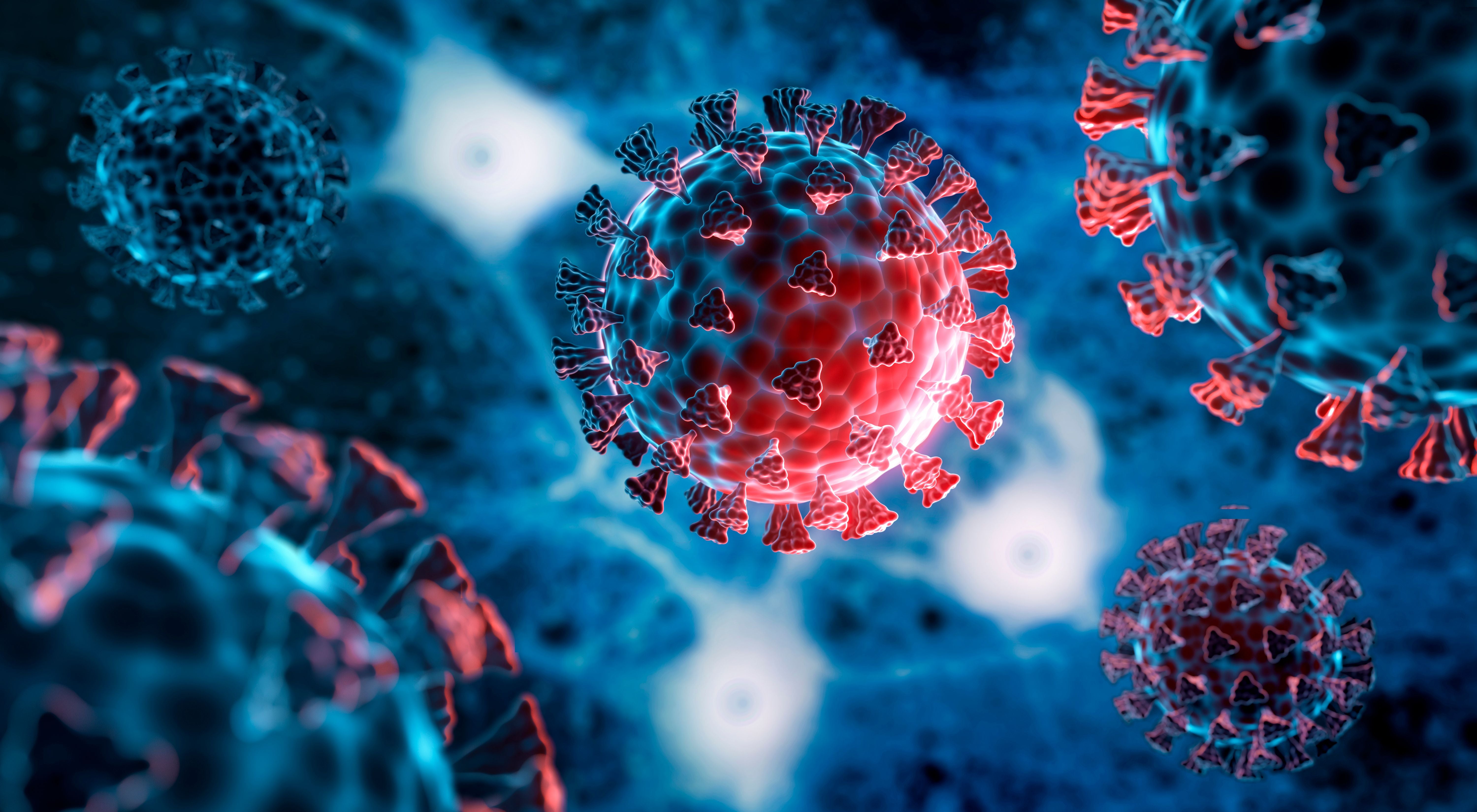 Illustration von Coronavirus-Mutationen vor einem blauen, zellulären Hintergrund.