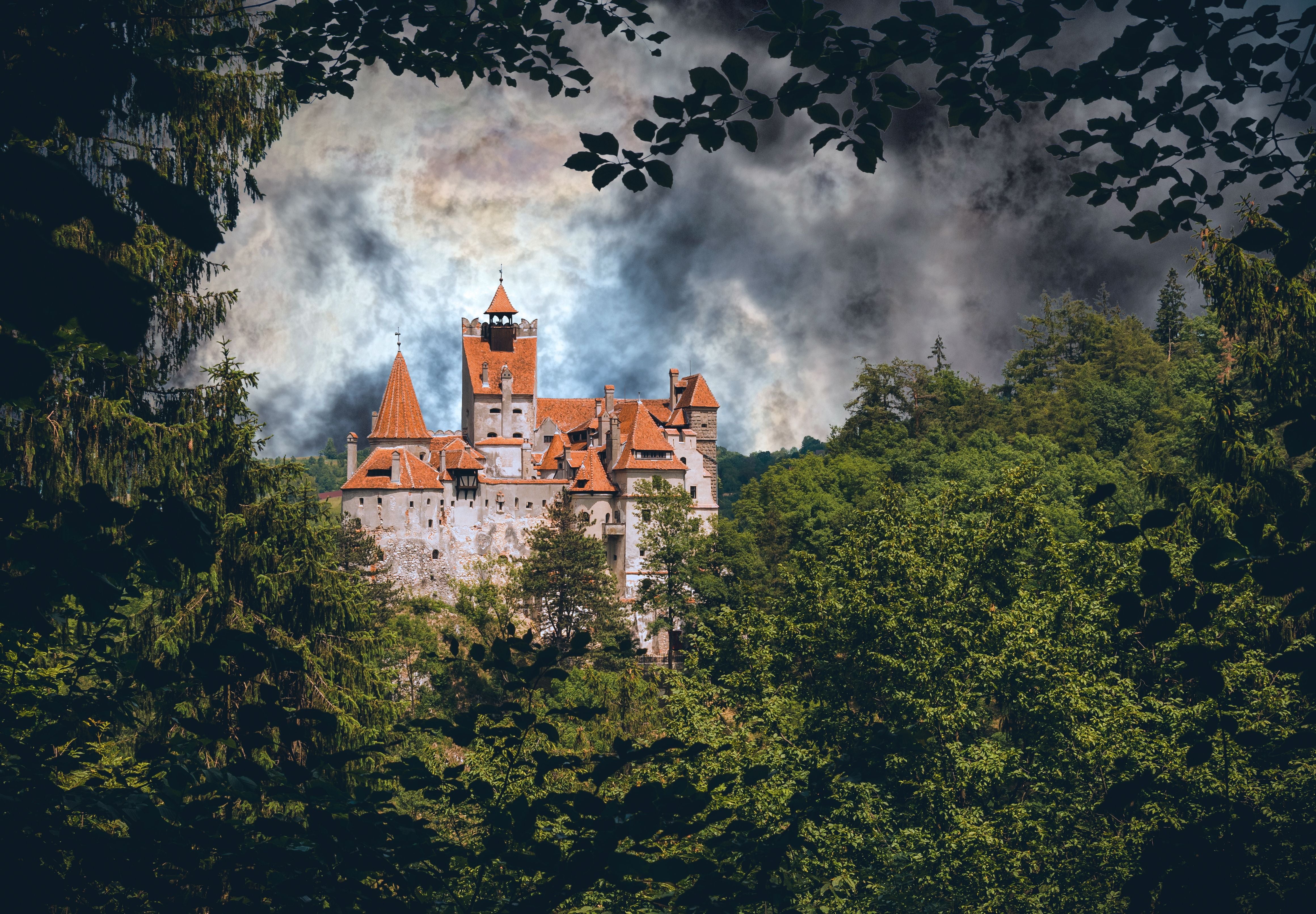 Mittelalterliches Schloss Bran mit roten Dächern, umgeben von dichtem Wald und dramatischem Himmel.