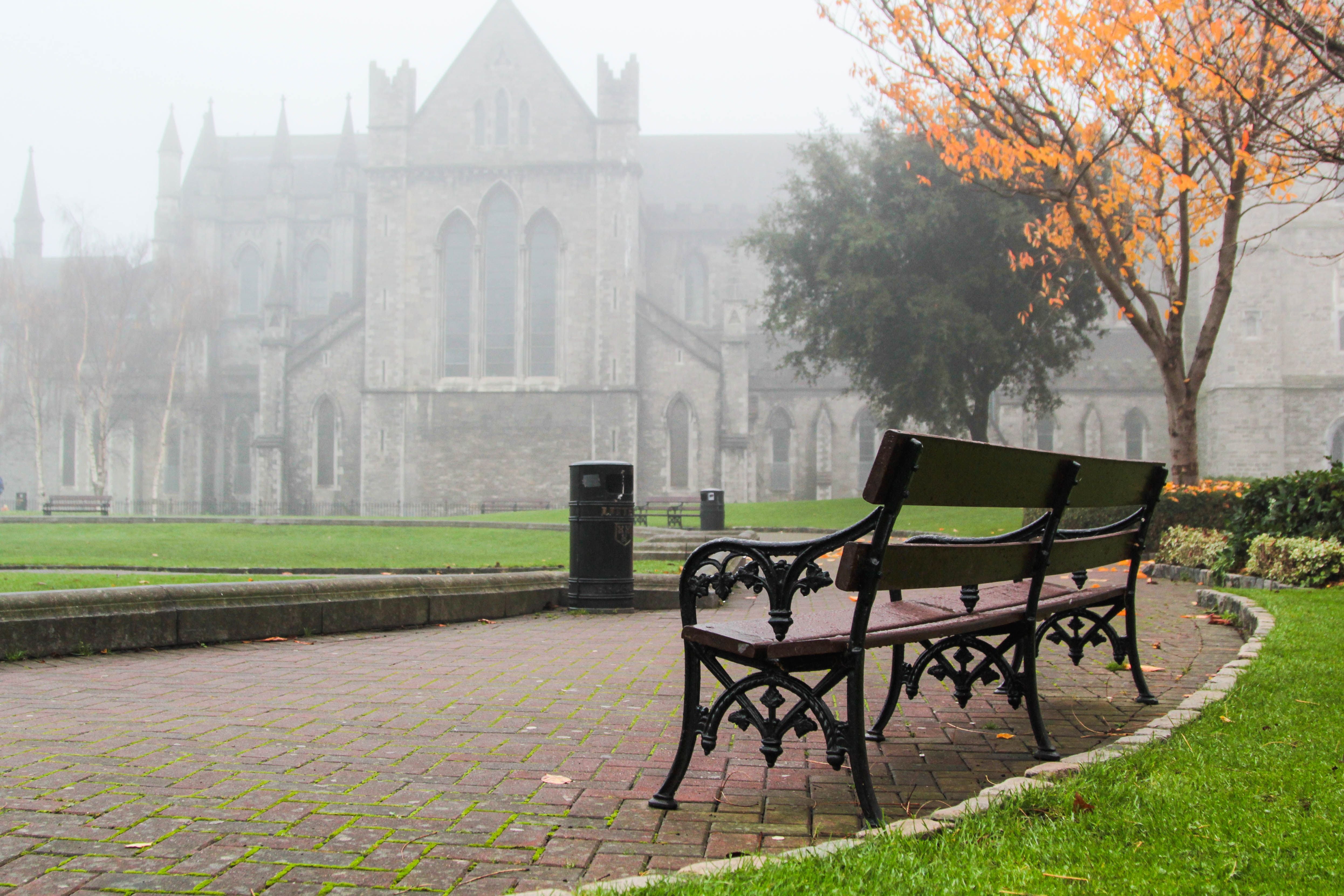 Leere Bank im nebligen St. Patrick's Park in Dublin mit Kirche im Hintergrund.