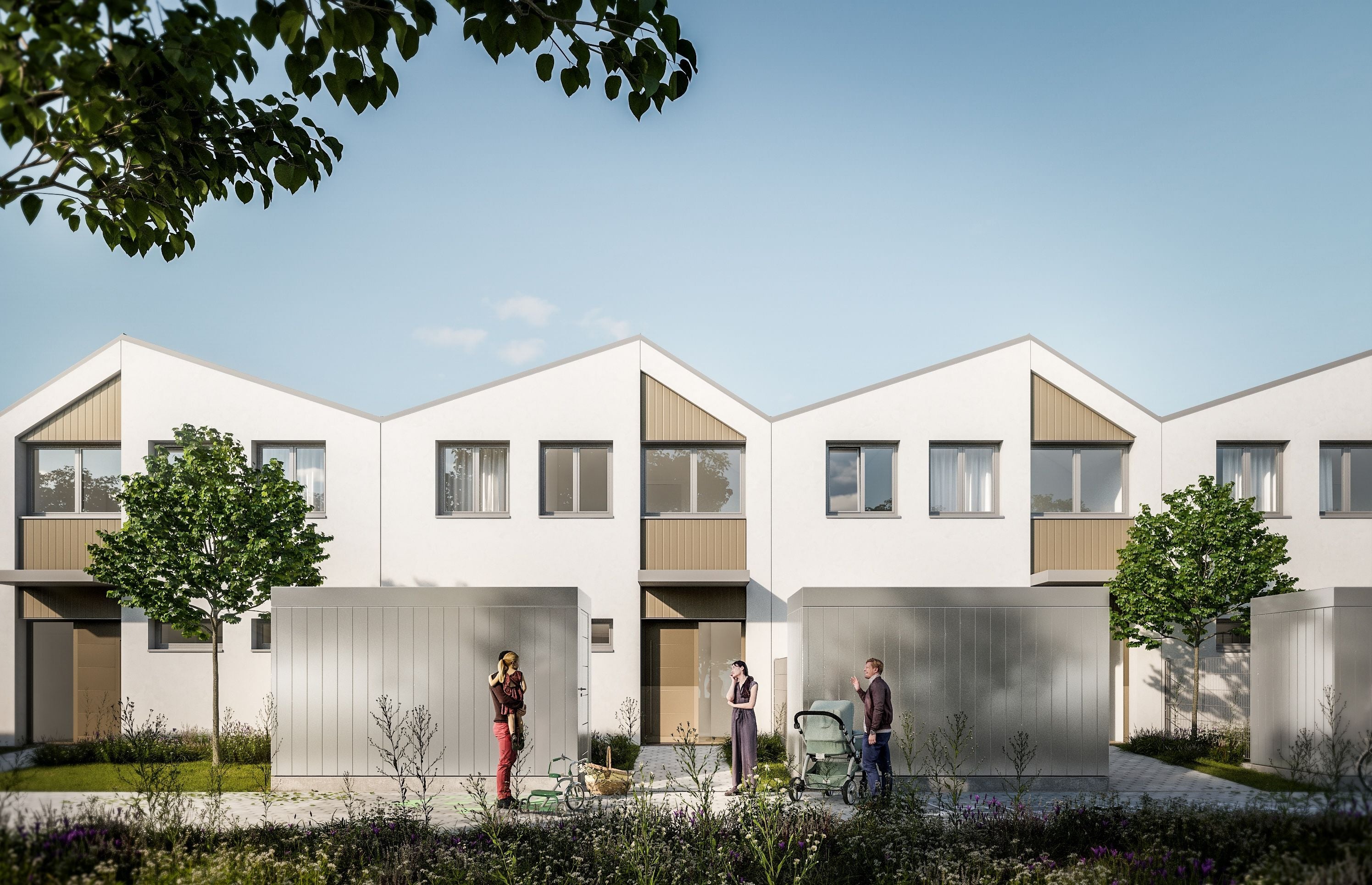 Moderne Reihenhäuser mit Flachdächern, Bäumen und drei Personen mit Kinderwagen davor.