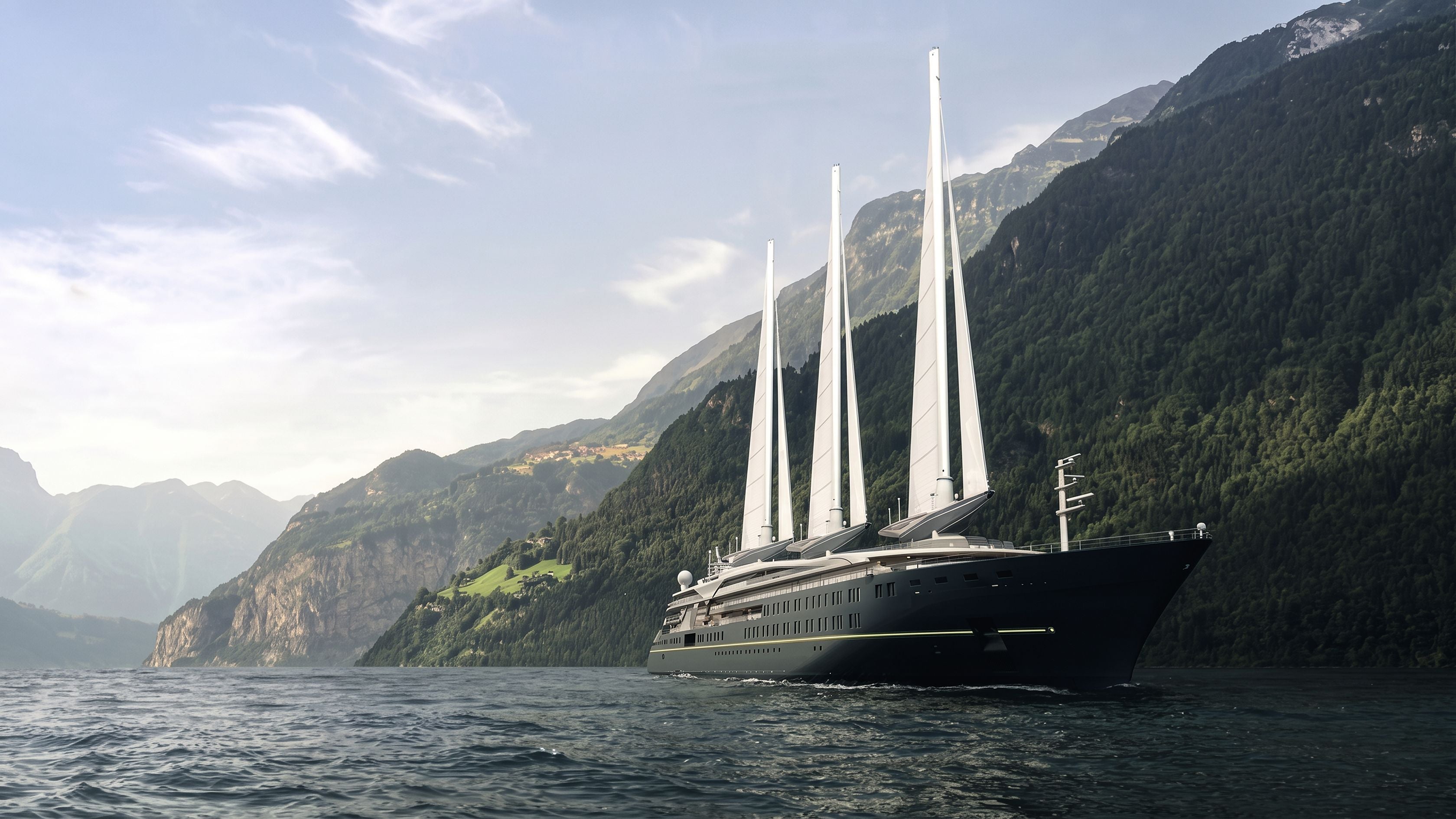 Große Segelyacht mit drei Masten fährt vor bewaldeten Bergen auf einem See entlang.