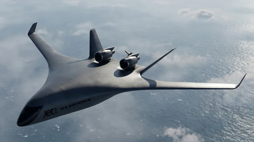Das futuristische Flugzeug Z4 von JetZero fliegt über dem Ozean in großer Höhe.