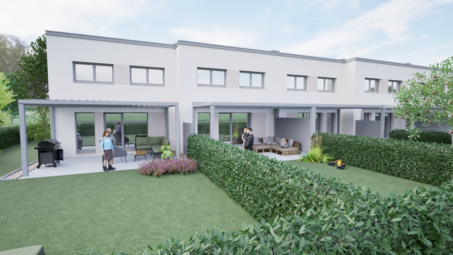 Moderne Reihenhäuser mit Terrasse, Garten, Sitzgruppen und Menschen in entspannter Atmosphäre.