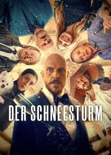 Filmplakat mit mehreren Personen im Kreis und dem Titel "Der Schneesturm" in der Mitte.