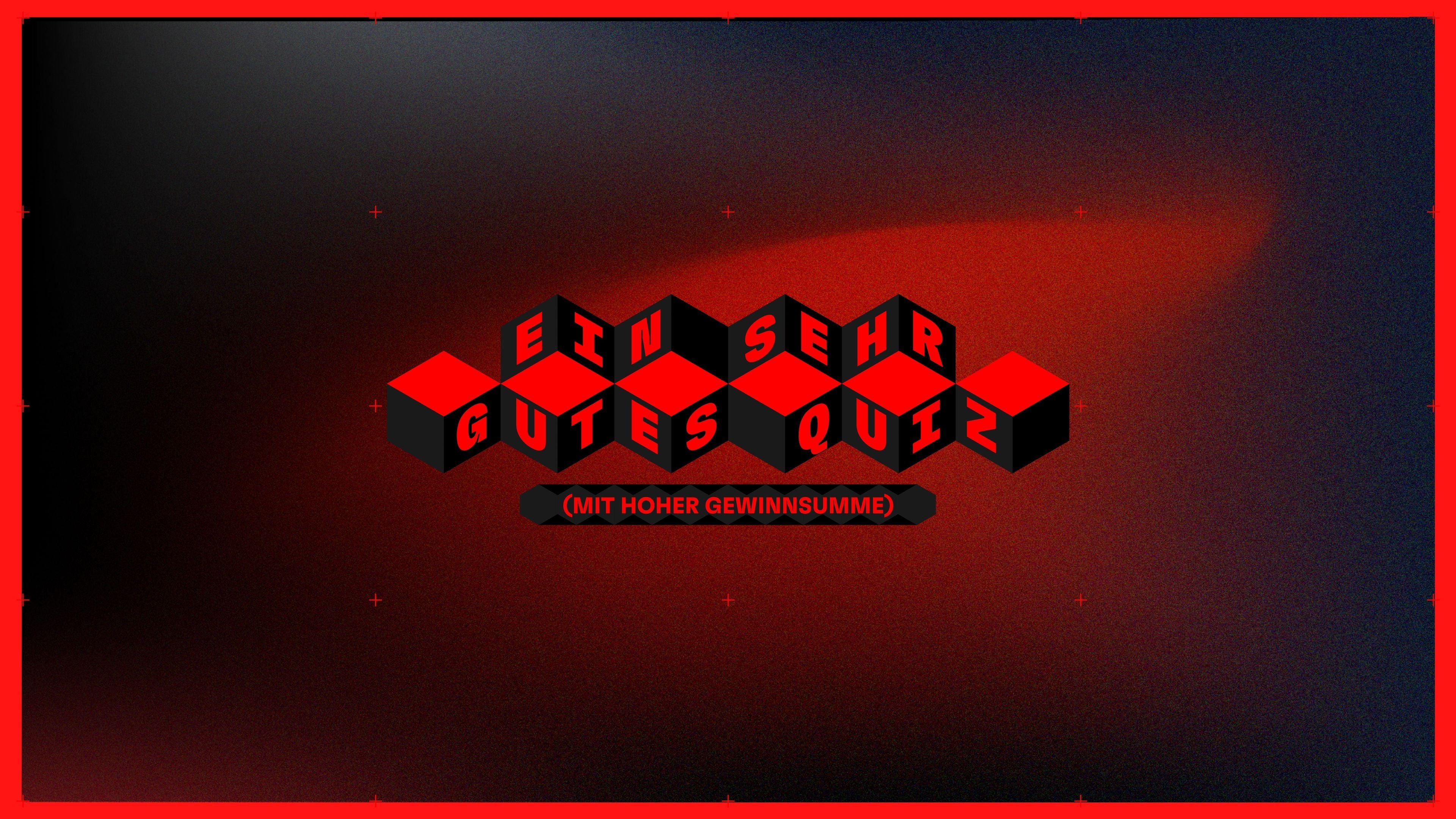 Logo mit roten Würfeln und dem Schriftzug „Ein sehr gutes Quiz (mit hoher Gewinnsumme)“ auf dunklem Hintergrund.