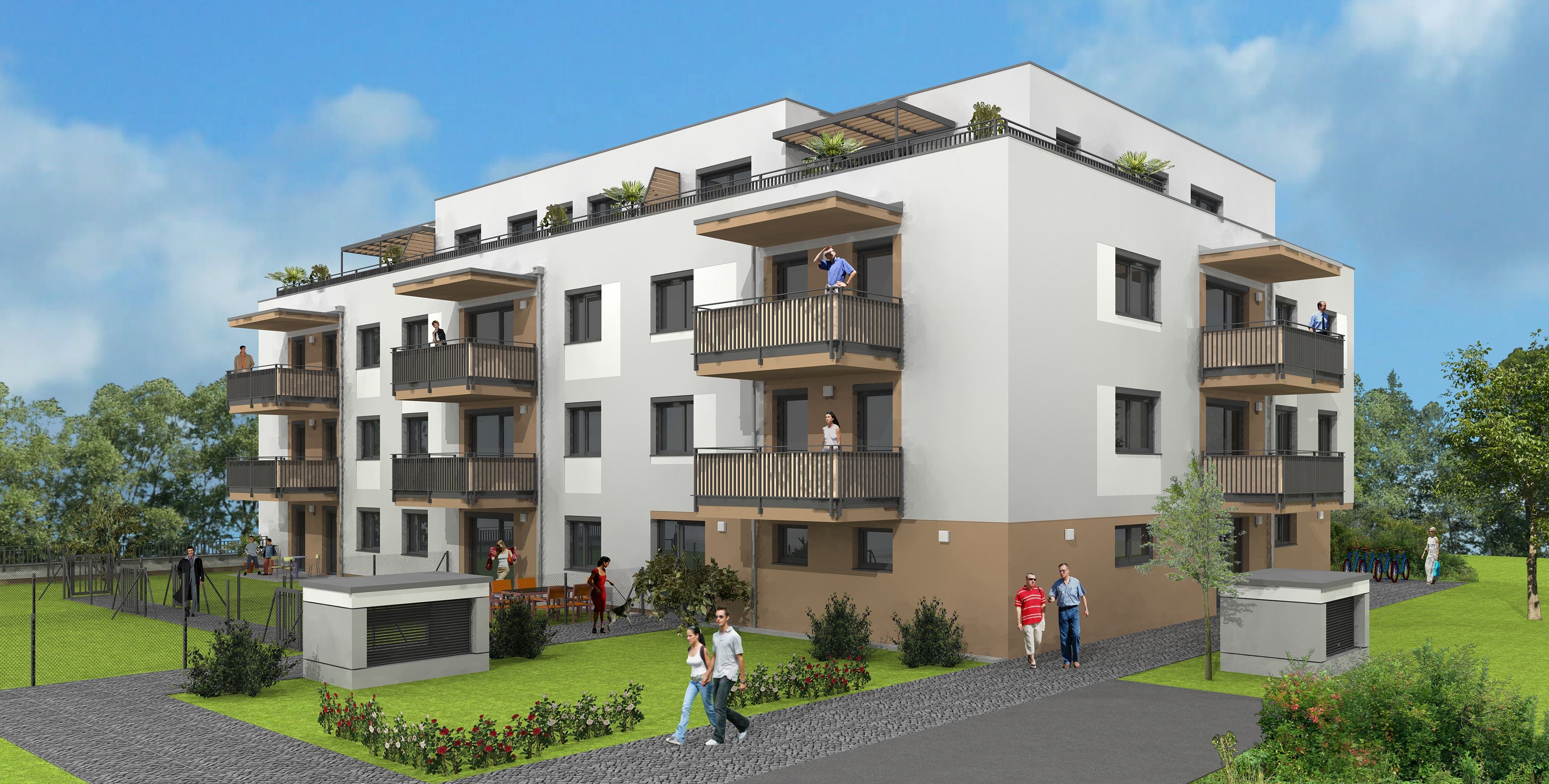Modernes Mehrfamilienhaus mit Balkonen, Grünflächen und mehreren Menschen im Außenbereich.