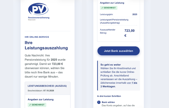 Screenshot einer gefälschten Pensionsversicherungs-Mail mit Zahlungsbestätigung über 723 Euro.