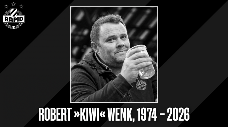 Schwarzweißfoto eines Mannes mit Bierglas, Text: Robert „Kiwi“ Wenk, 1974–2026.