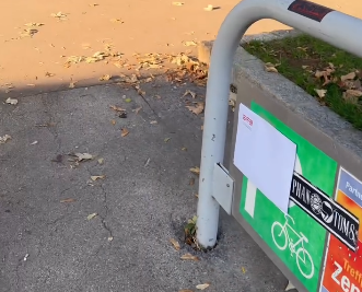 Fahrradständer mit grüner Fahrradparkplatz-Markierung und Aufklebern, am Boden liegen Herbstblätter.