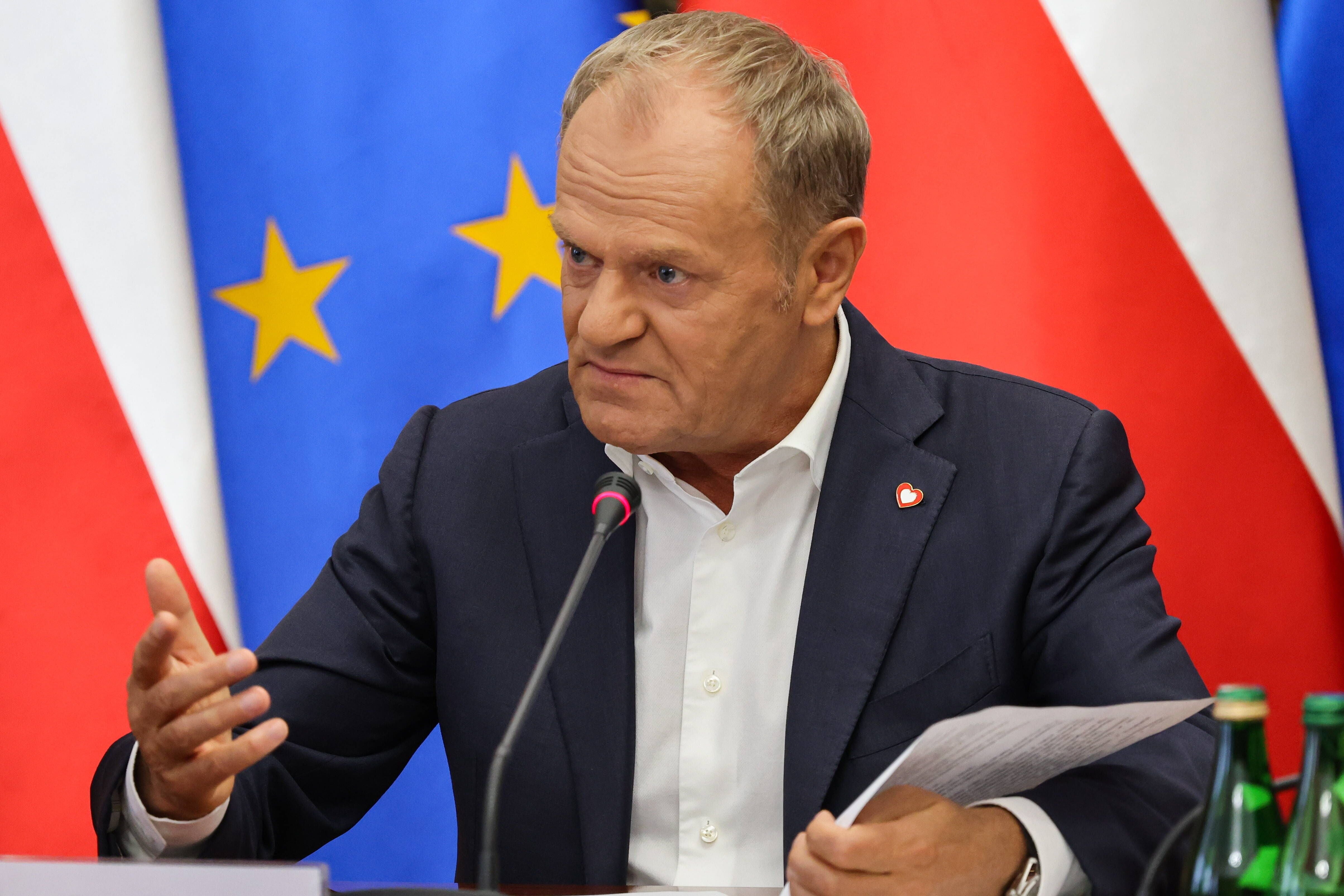 Ein Mann im Anzug spricht bei einer Konferenz mit EU- und Polen-Flaggen im Hintergrund.