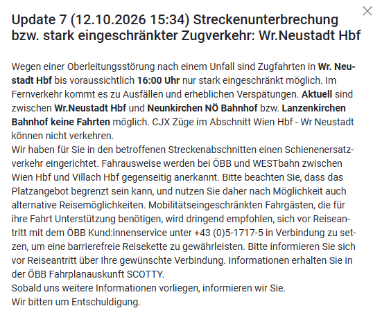 Textmitteilung zu Zugausfällen und Einschränkungen am Wr. Neustadt Hbf aufgrund eines Oberleitungsschadens.