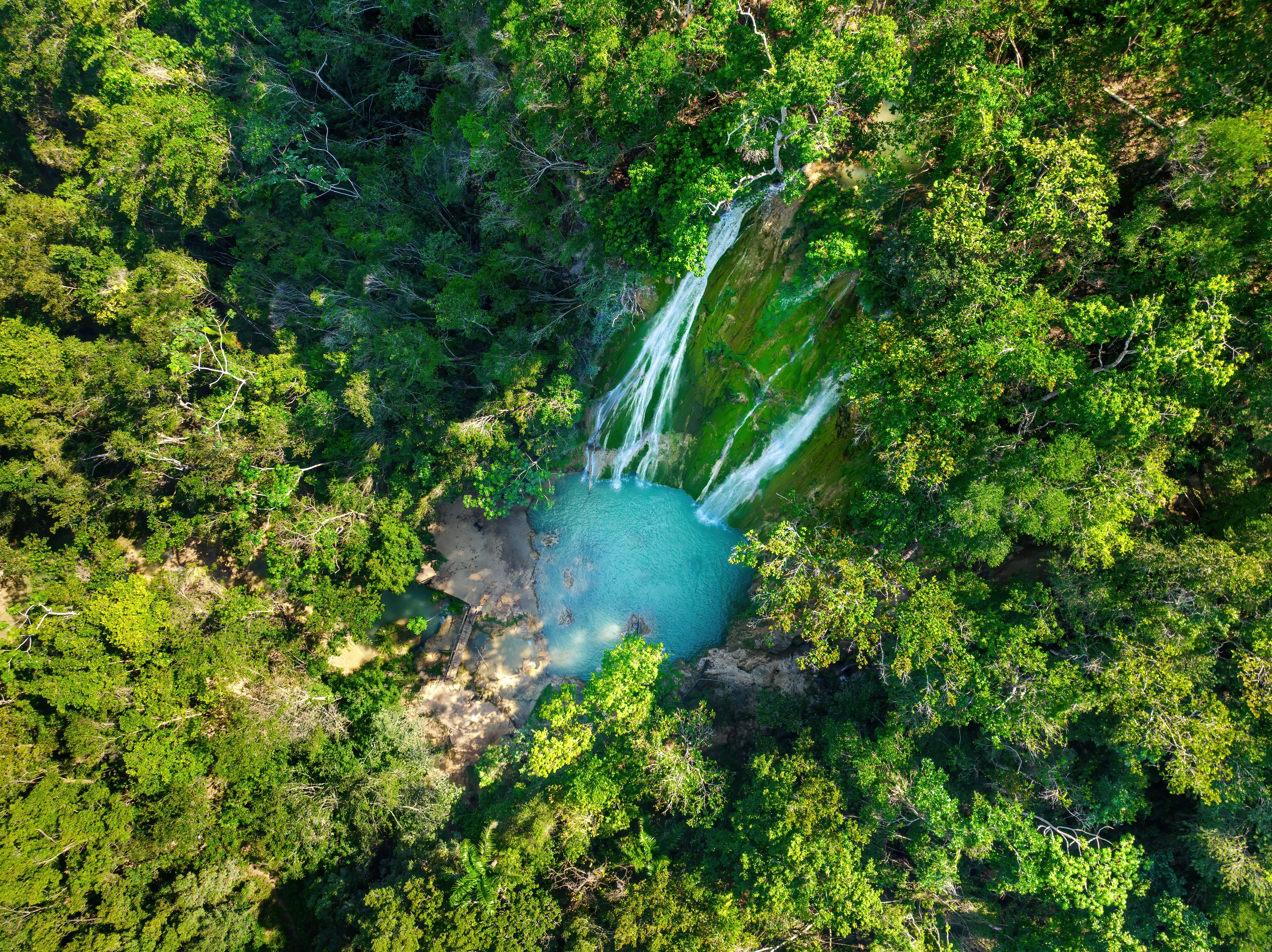 Luftaufnahme von Wasserfall El Limon mit türkisblauem Pool im dichten tropischen Regenwald.