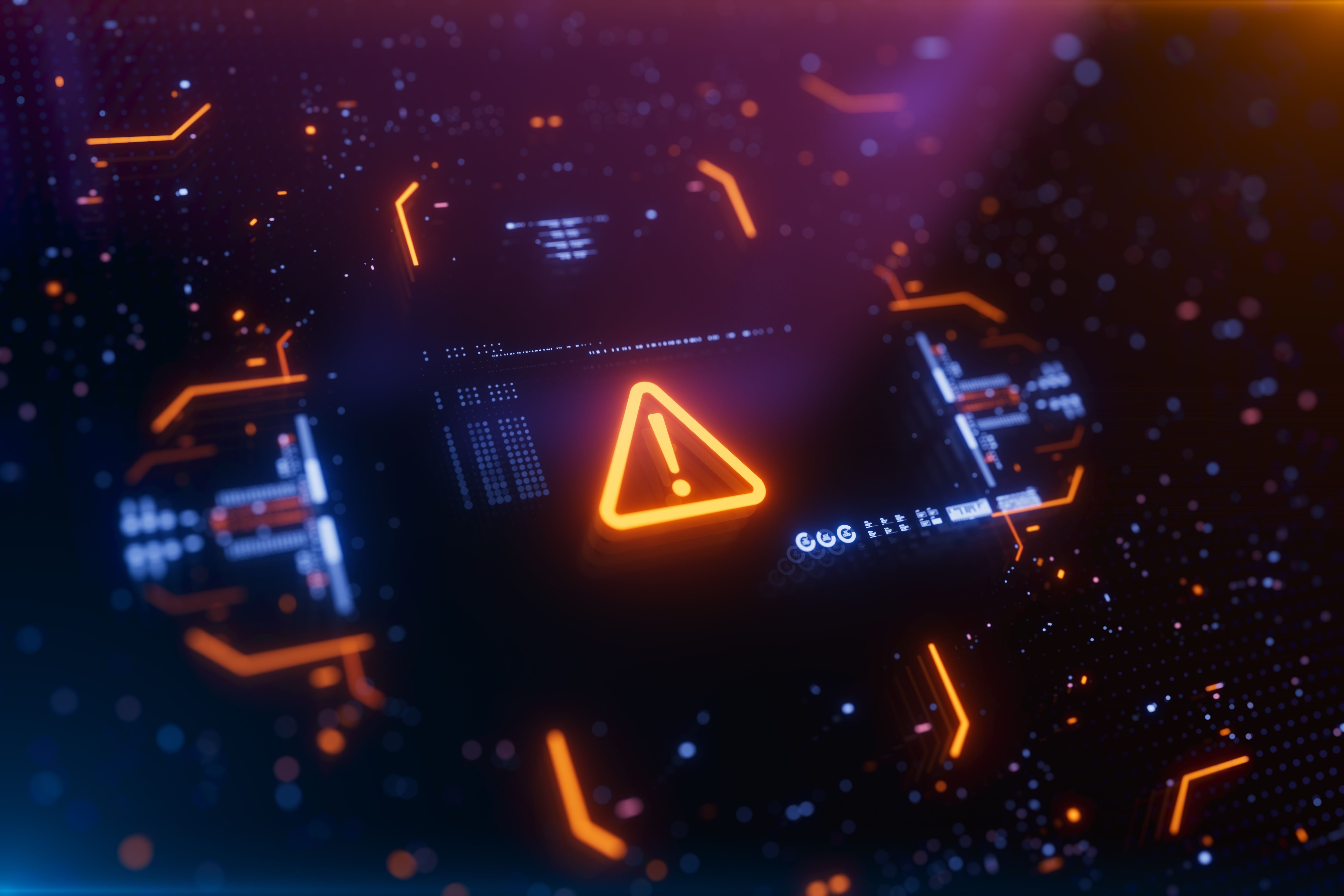 Leuchtendes Warnsymbol auf einem digitalen Bildschirm, umgeben von abstrakter Elektronik.