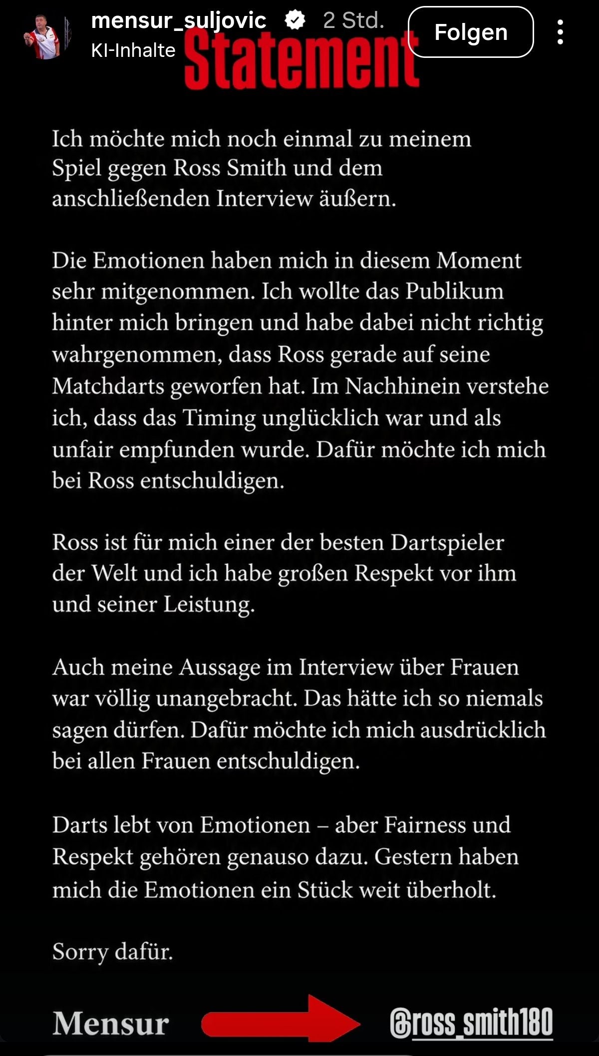 Mensur Suljovic entschuldigt sich auf Instagram