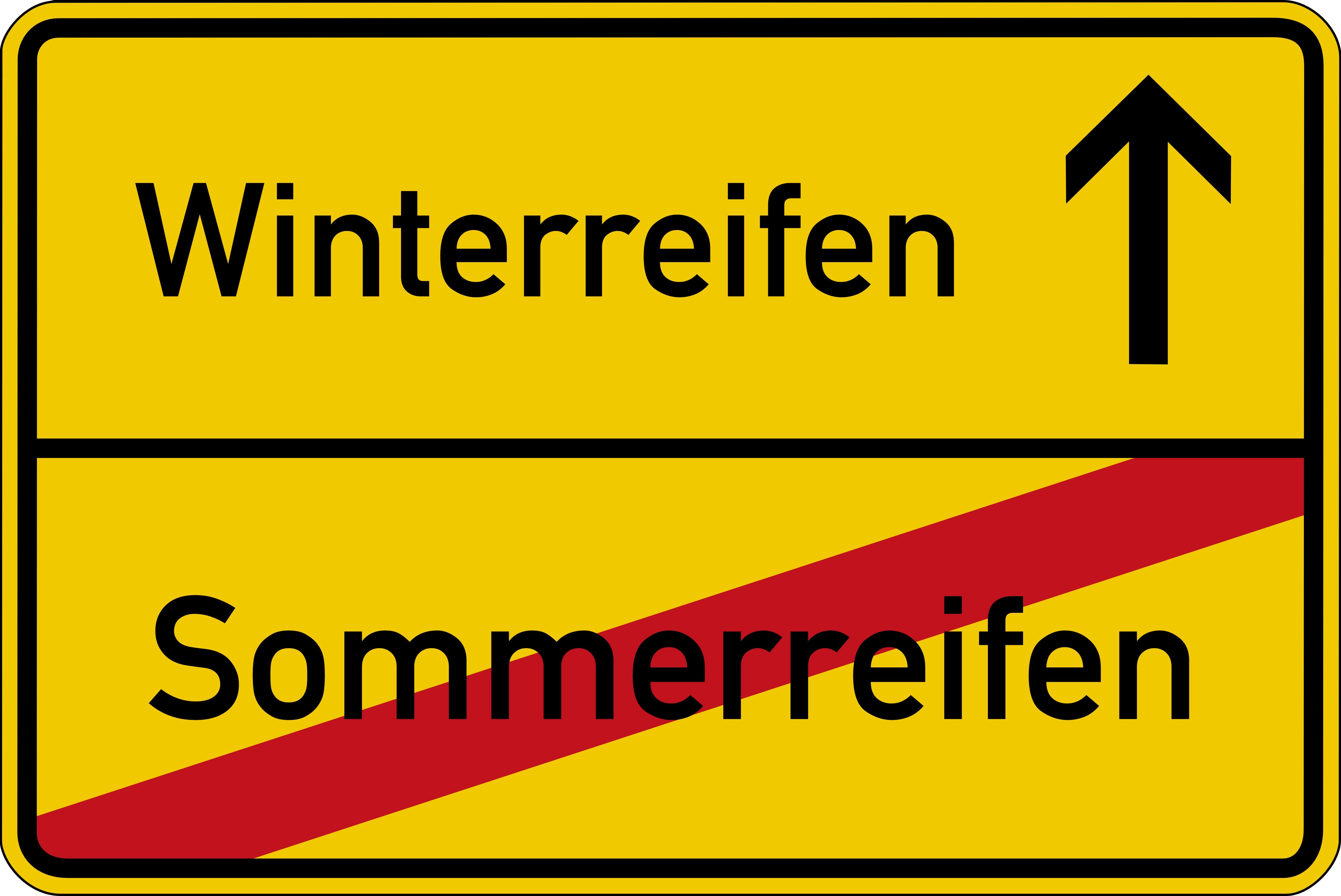 Straßenschild mit "Winterreifen" und durchgestrichenem "Sommerreifen".