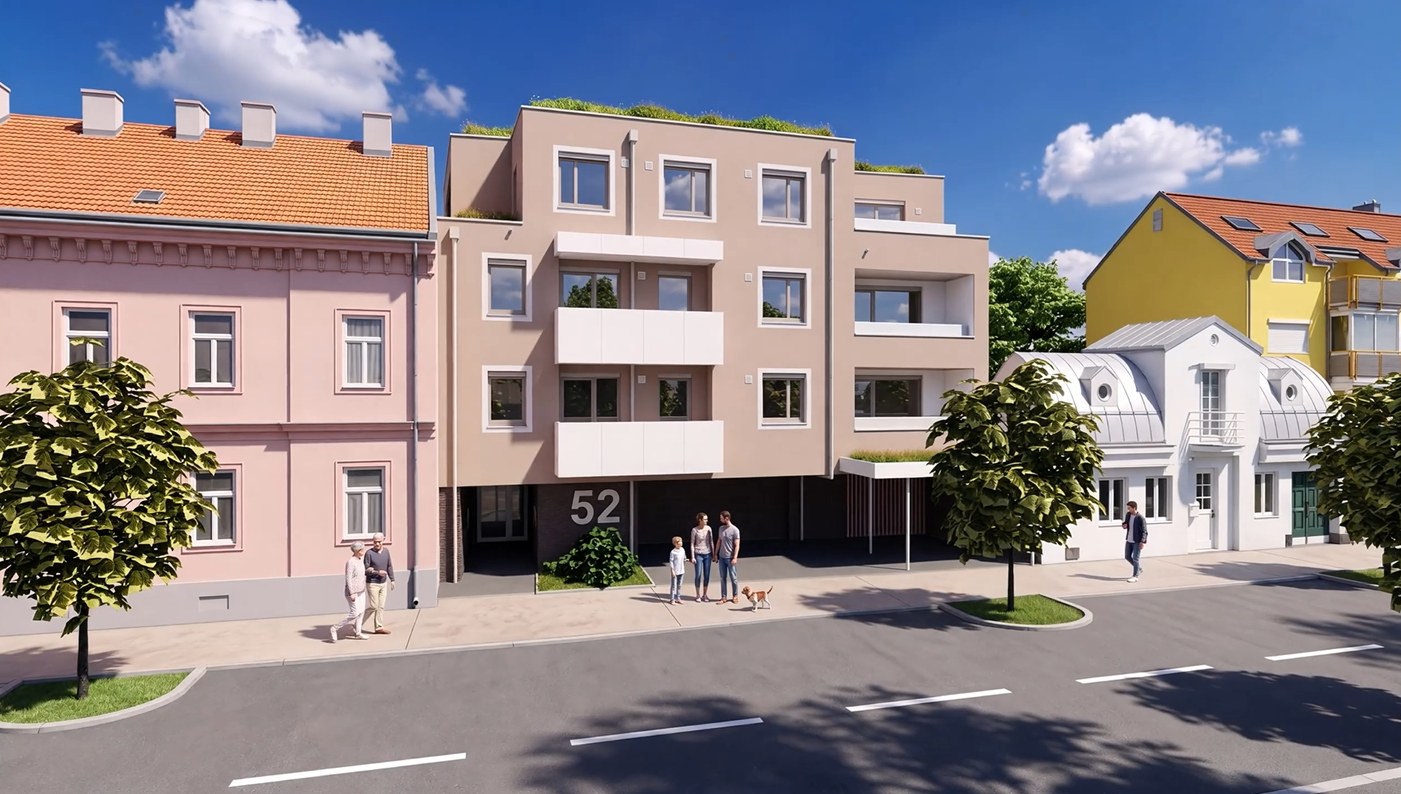 Moderne Wohngebäude mit Hausnummer 52 zwischen älteren Häusern, Menschen spazieren auf dem Gehweg.