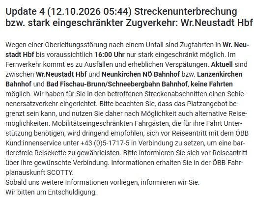 Textmitteilung zu Zugausfällen und Einschränkungen am Wr. Neustadt Hbf aufgrund eines Oberleitungsschadens.