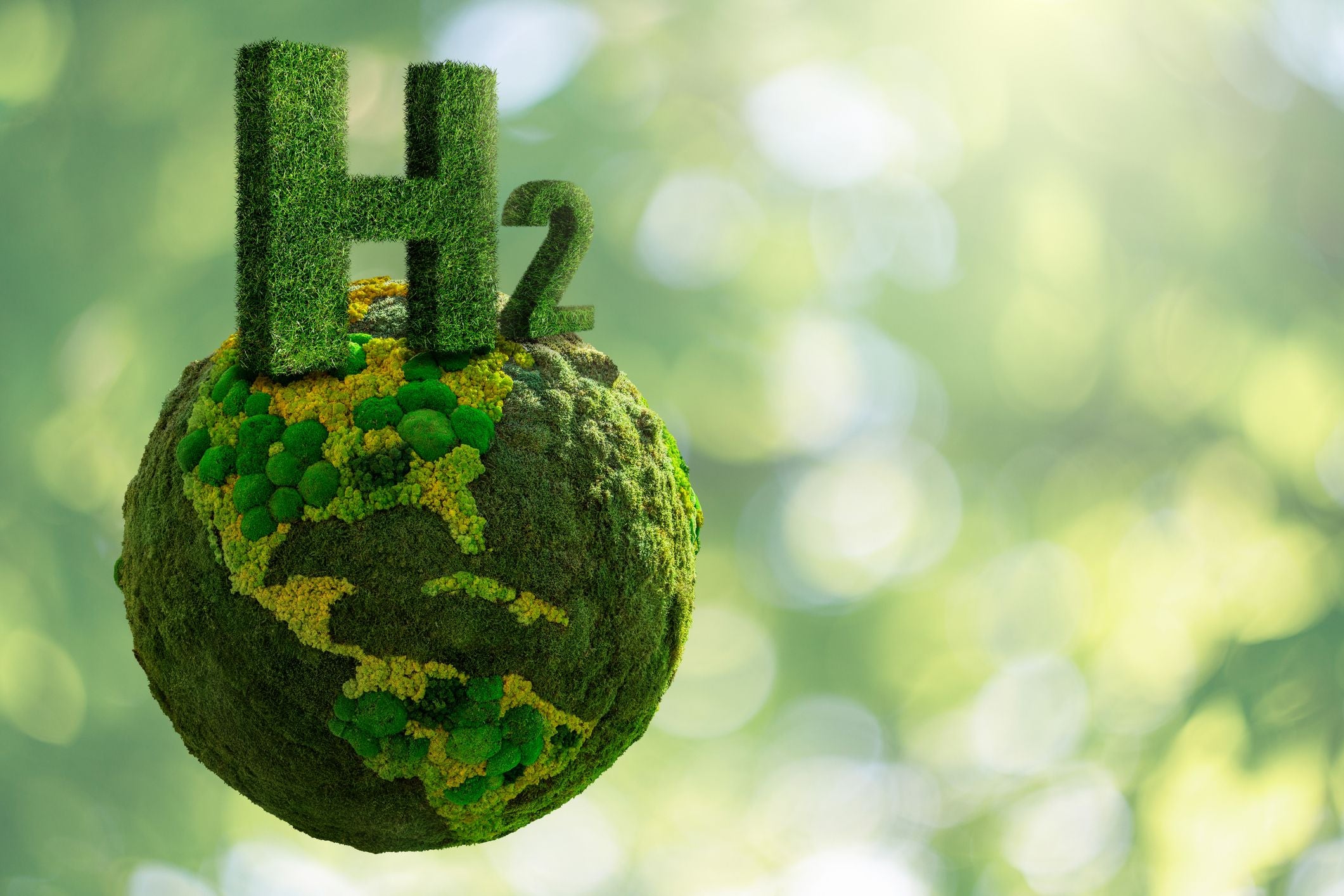 Symbol H2 aus Gras steht auf einer mit Moos bedeckten grünen Erde vor unscharfem Hintergrund.