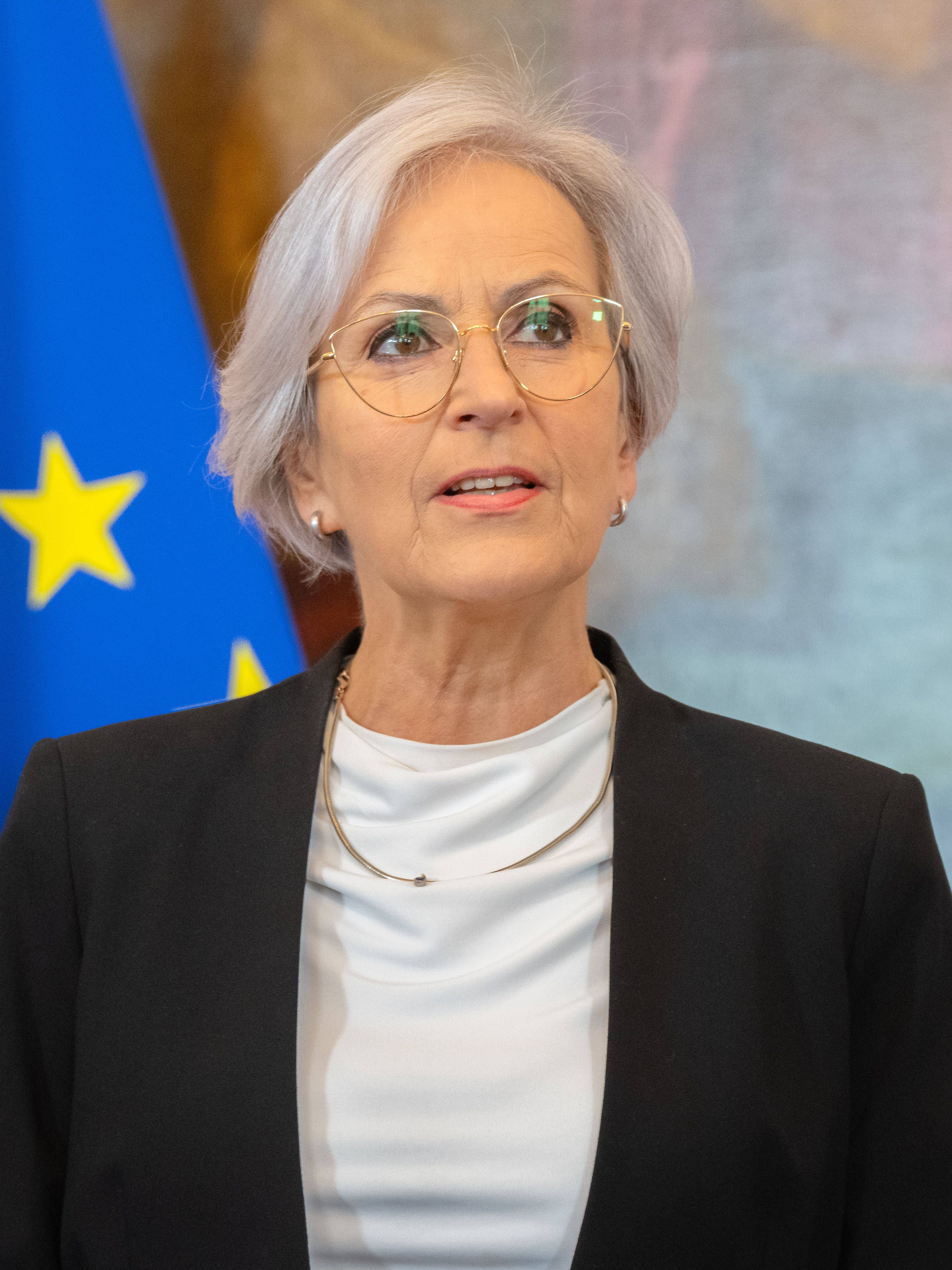Frau mit grauen Haaren und Brille steht vor EU-Flagge und blickt leicht nach oben.