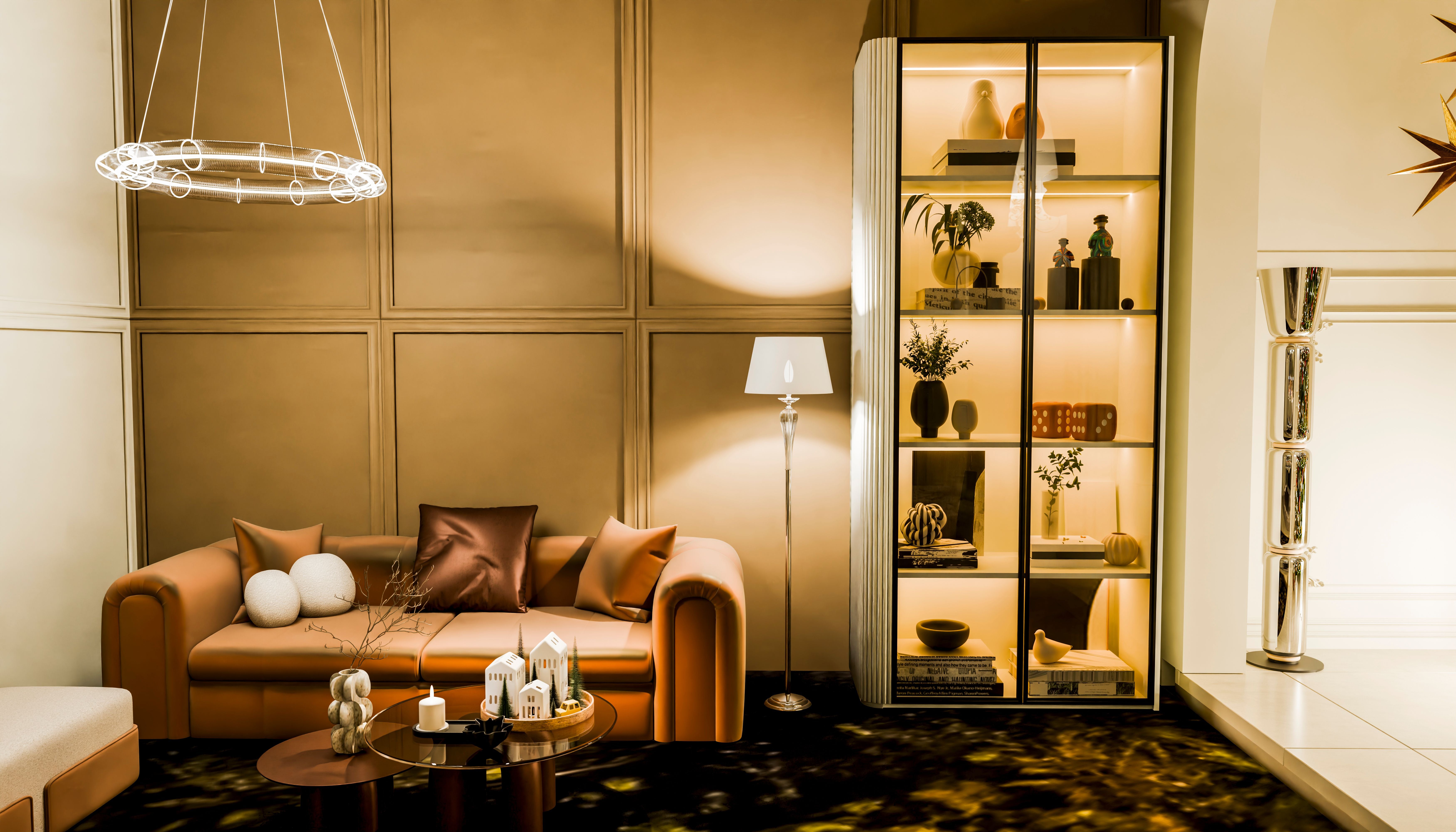 Modernes Wohnzimmer mit beigefarbenem Sofa und beleuchtetem Vitrinenschrank für eine gemütliche Atmosphäre.