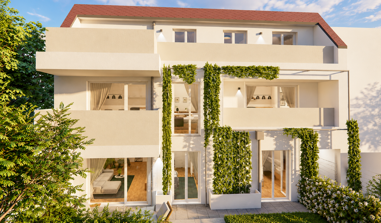 Modernes Wohnhaus mit weißen Fassaden, großen Fenstern und begrünten Fassadenelementen.