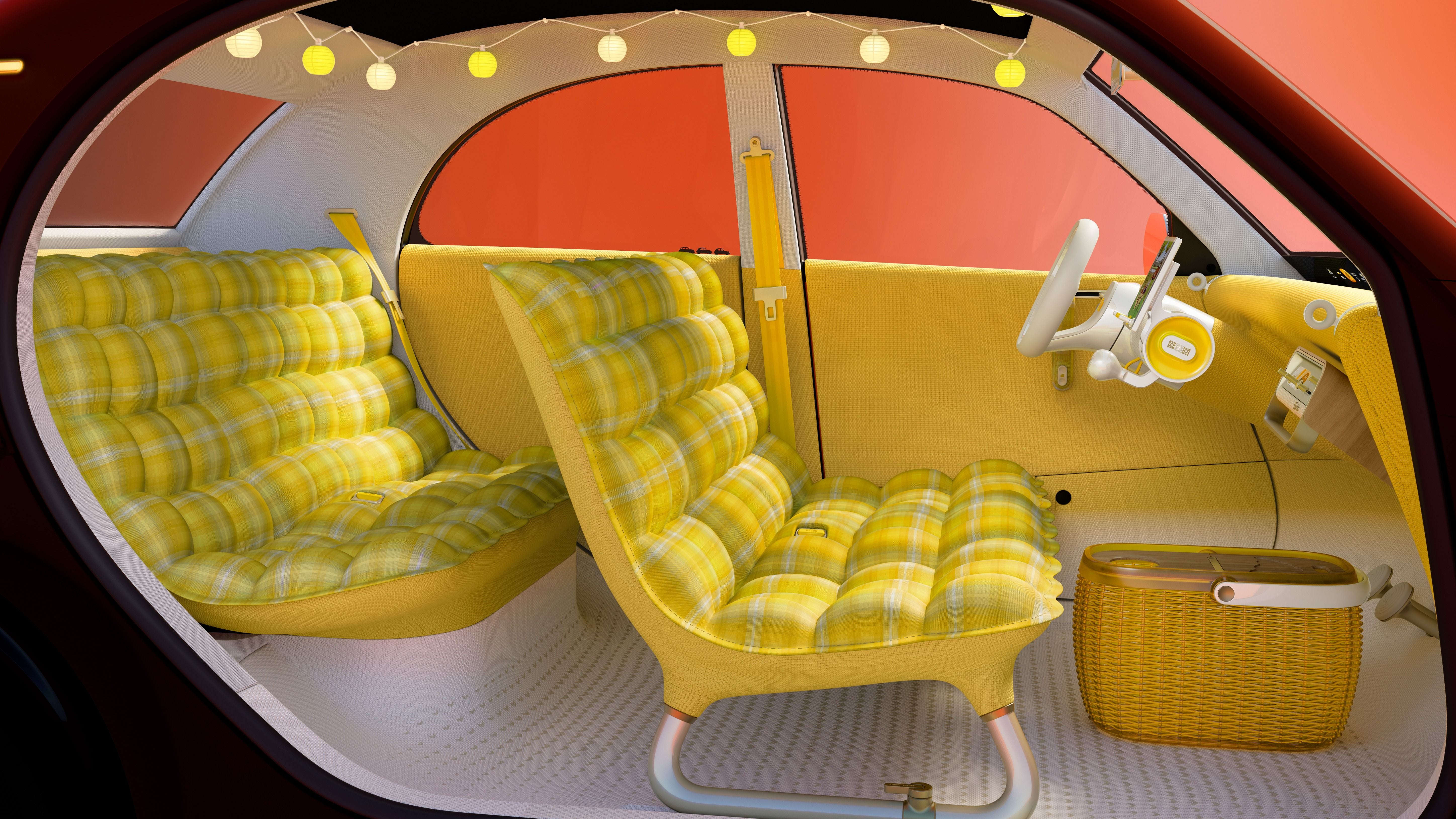 Innenraum eines Citroen 2CV Konzepts mit gelb karierten Sitzen und einer Picknickbox.