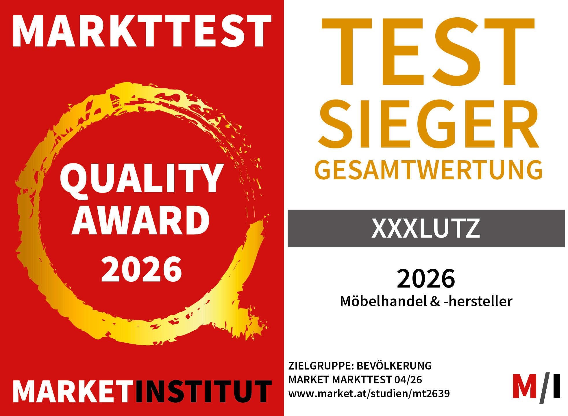 Siegel für den Quality Award 2026 und Testsieger Gesamtwertung XXXLutz vom Market Institut.