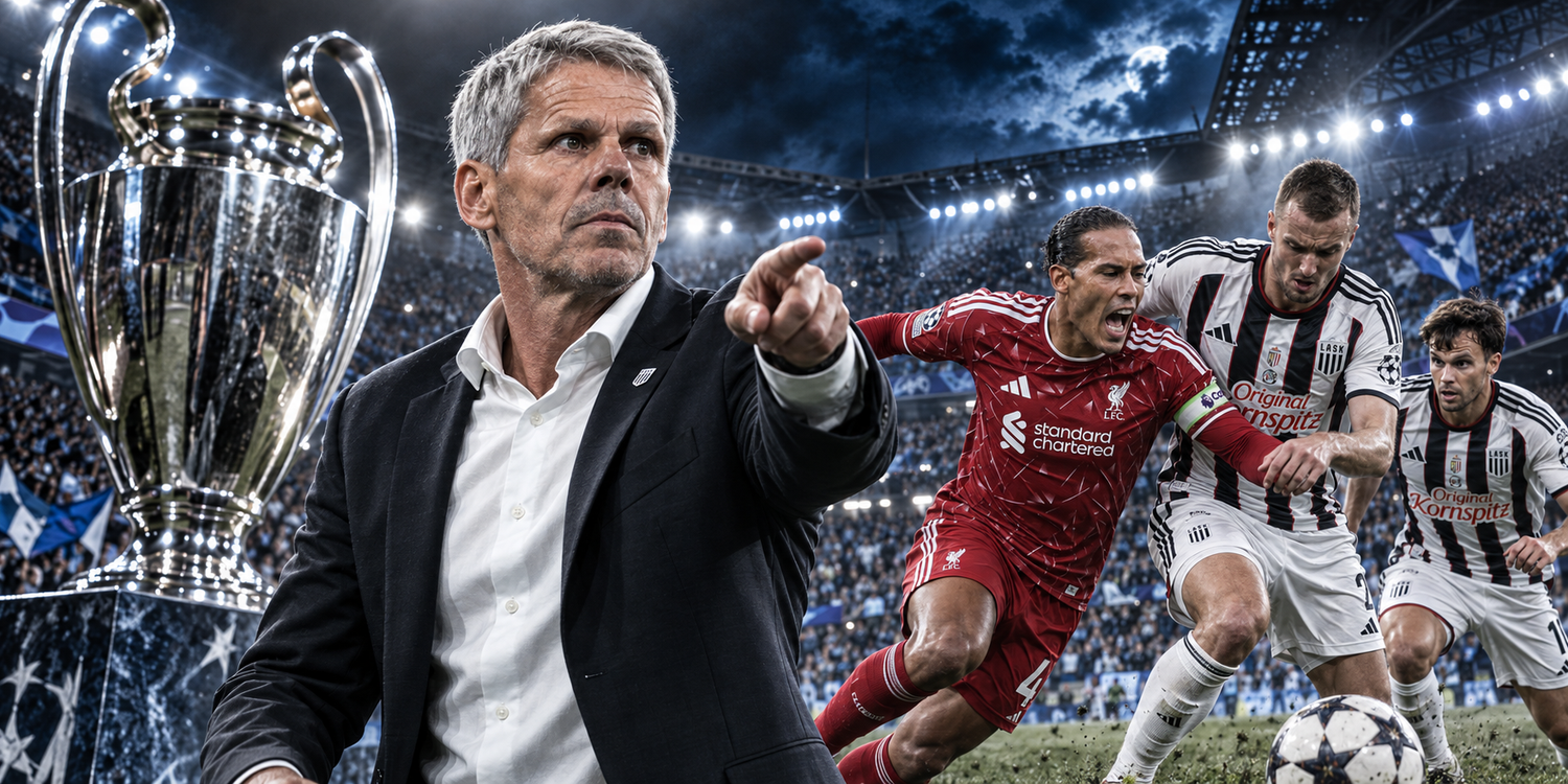 Eine KI-Montage zeigt ein Fußballspiel zwischen Liverpool und LASK sowie einen Trainer im Vordergrund.