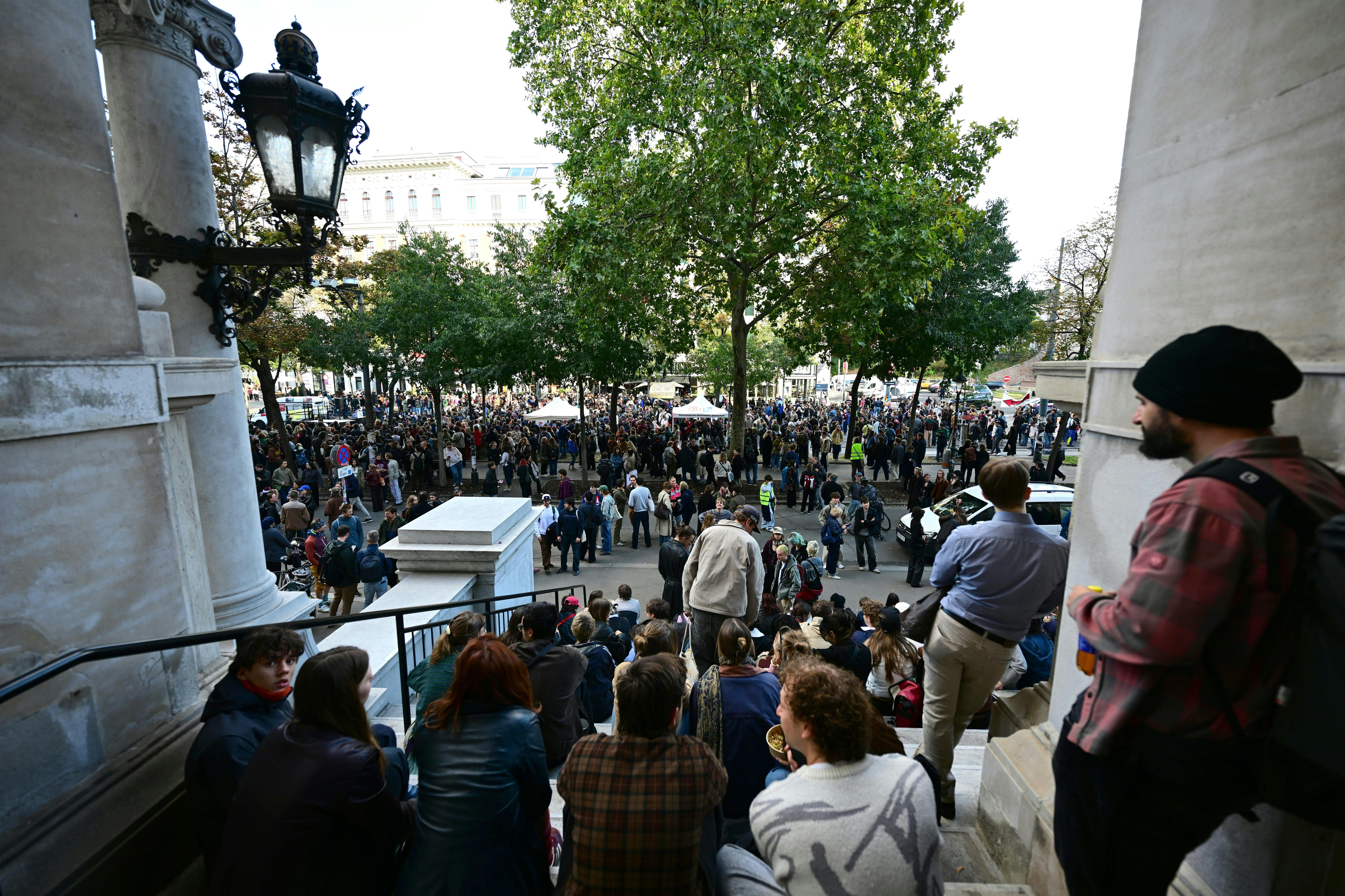 Viele Menschen versammeln sich zu einer Kundgebung auf der Ringstraße in Wien, Bäume im Hintergrund.