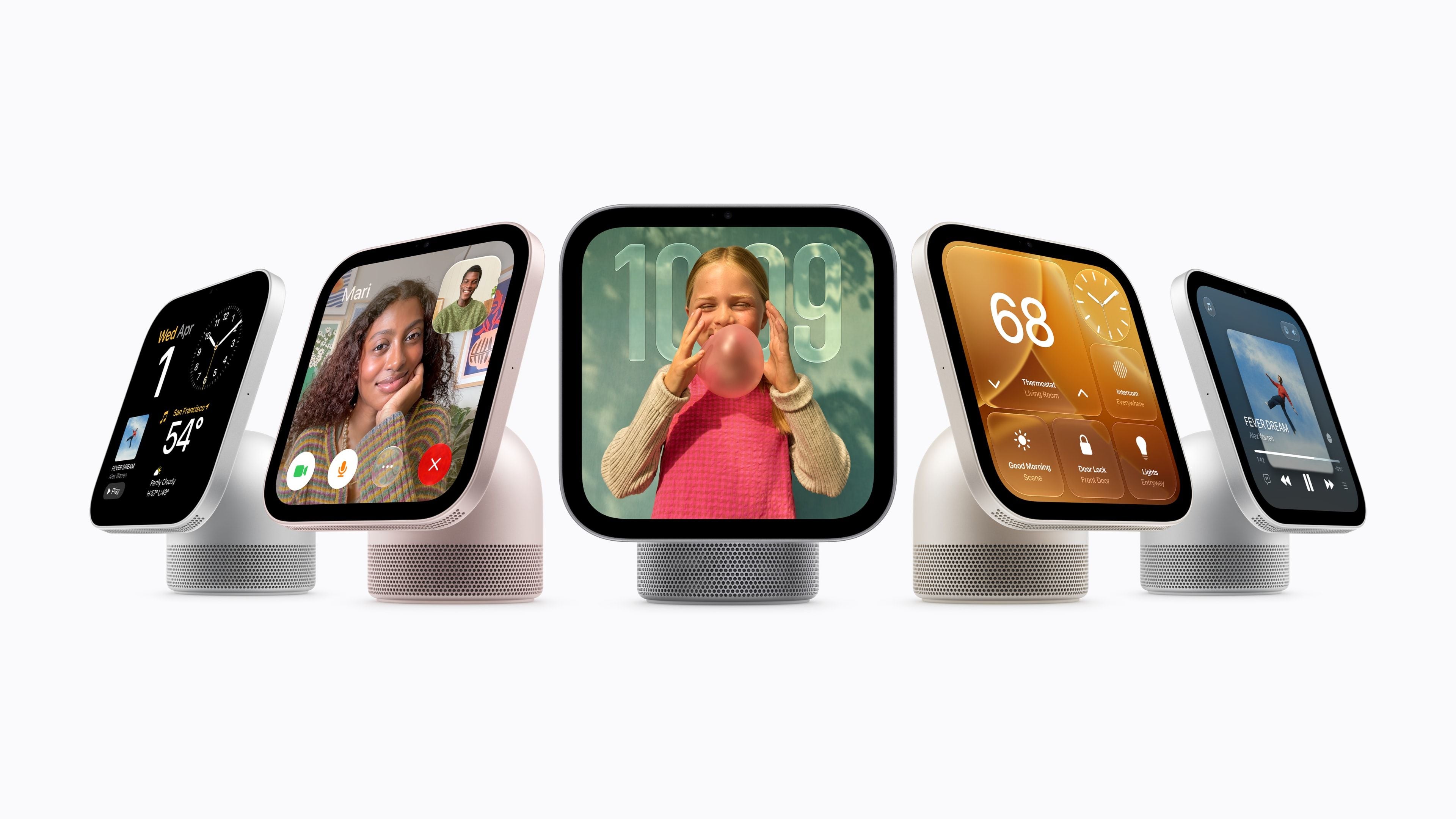 Fünf Apple HomeView Geräte zeigen verschiedene Apps wie Uhr, Videoanruf und Smart-Home-Steuerung.