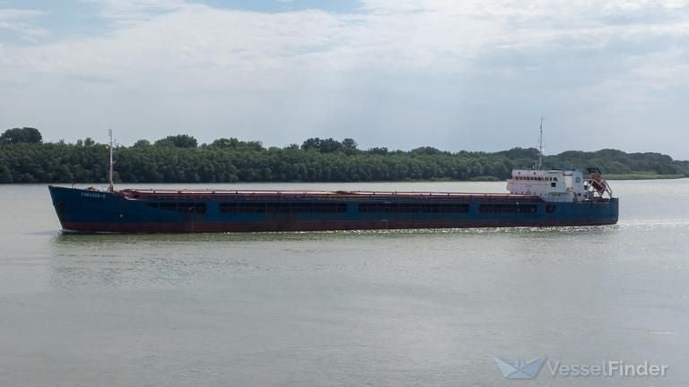 Frachtschiff Chelsea 3 fährt auf einem ruhigen Fluss, im Hintergrund Bäume und bewölkter Himmel.