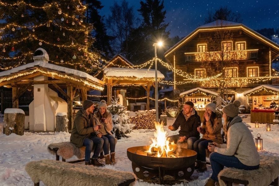 Menschen sitzen an einer Feuerstelle im verschneiten, festlich beleuchteten Alpendorf Schönleitn.