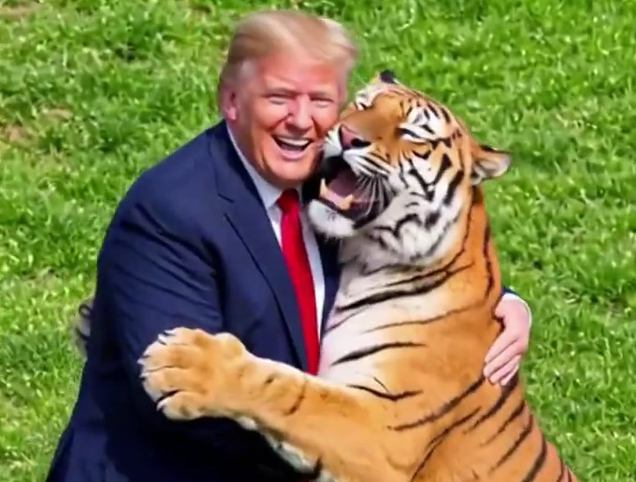 Ein Mann im Anzug umarmt einen Tiger auf einer Wiese und lacht in die Kamera.