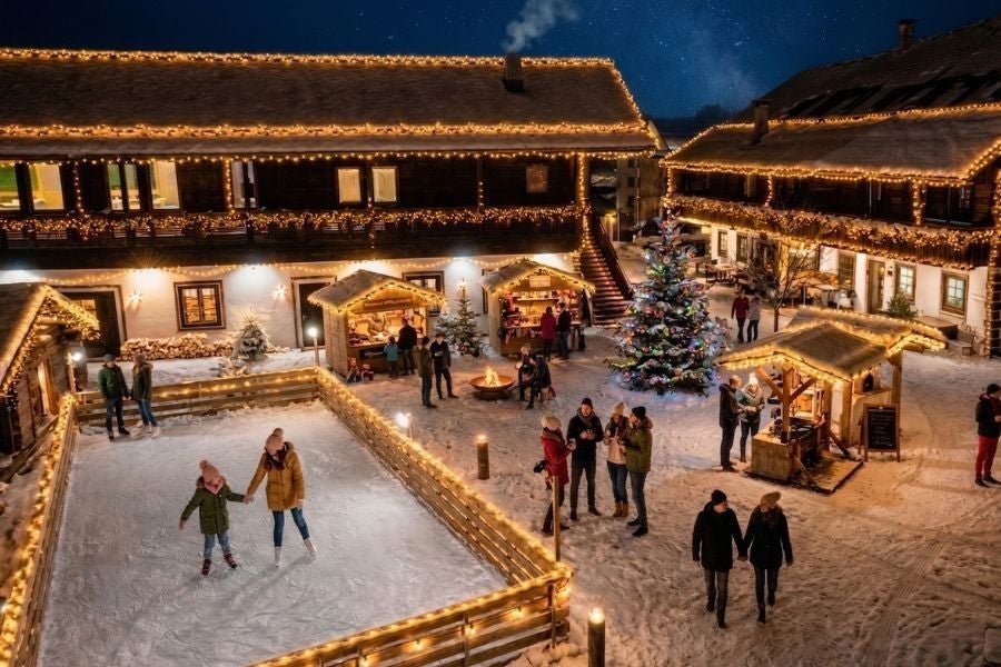 Weihnachtlich geschmückter Dorfplatz mit Eislaufbahn, Marktständen und beleuchtetem Weihnachtsbaum.