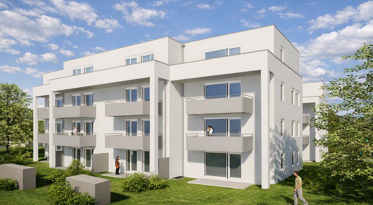 Modernes weißes Mehrfamilienhaus mit Balkonen und Personen im Garten bei sonnigem Wetter.