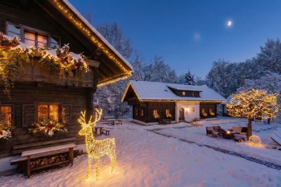 Verschneite Holzhäuser mit Weihnachtsbeleuchtung und Lichterfigur eines Rentiers im Abendlicht.